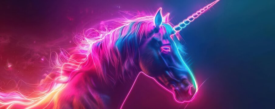Create a digital painting of a unicorn with a glowing neon mane and tail