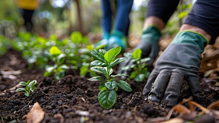 A group of volunteers planted young saplings in a community park, surrounded by gardening tools in the foreground, highlighting green initiatives and reducing the carbon footprint.