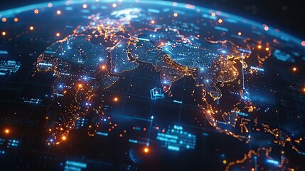 Fototapeta premium Cyber globe representing Asia and the Middle East, showcasing global connectivity, data transfer, advanced technology, information exchange, and international telecommunication.