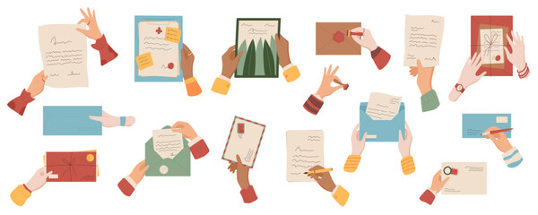 Cartoon hands write letters and hold mails collection, flat isolated hand sends craft post card template, trendy character receives handwritten mail illustration, creative style postcard compositions