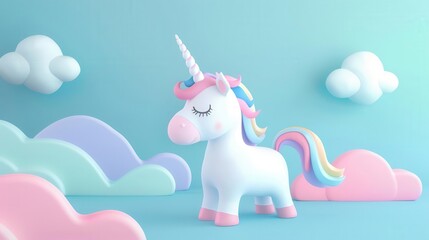 Obraz premium A cute unicorn stands in a dreamy landscape with fluffy clouds