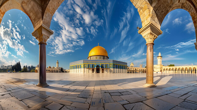Al-Aqsa Mosque located in Jerusalem, a magnificent mosque building with a golden dome, Ai generated Images