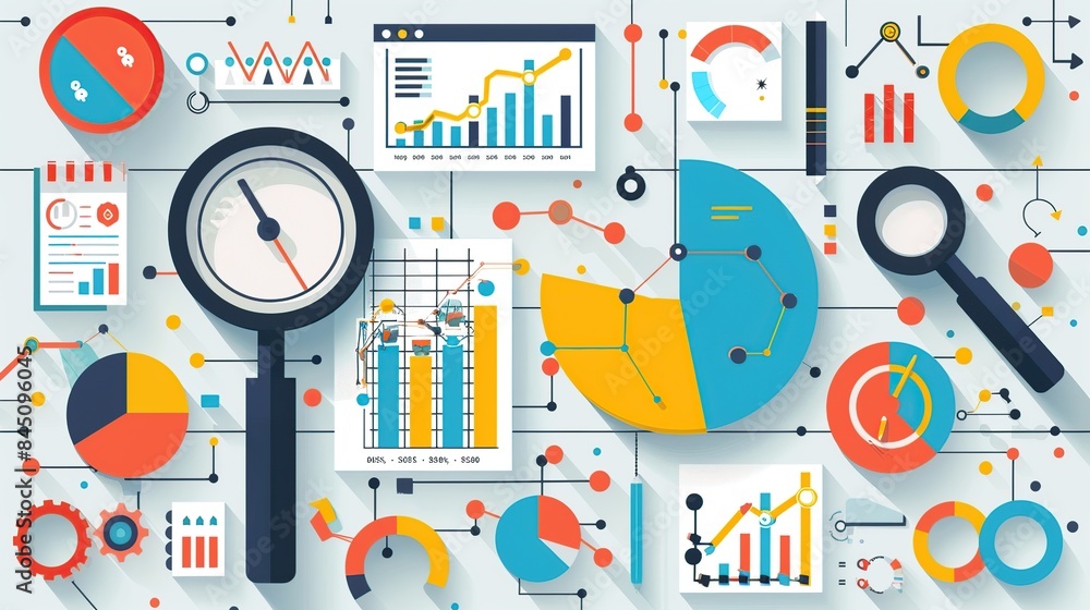 Poster data analysis and visualization with charts and magnifying glasses