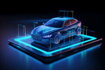 A 3d rendering of an Electro car hologram over a mobile tablet- Electromobility e-motion concep