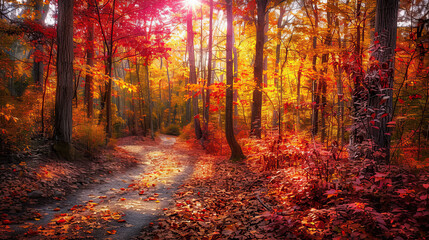 Obraz premium Autumn forest scene: colorful leaves, winding path, soft sunlight, vibrant colors, serene mood.