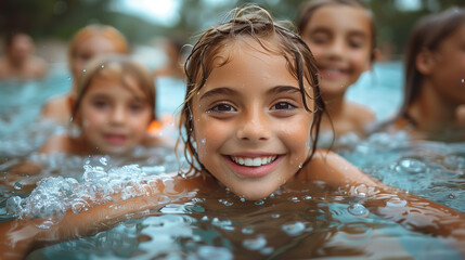 Parents teaching their children to swim.
