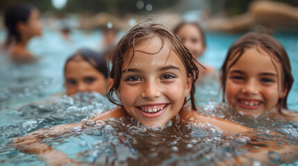 Parents teaching their children to swim.