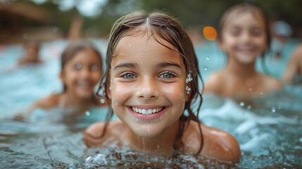 Parents teaching their children to swim.