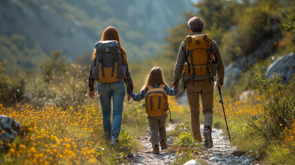 A family hiking on a nature trail.