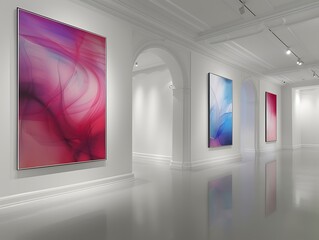An elegant art gallery with white walls and subtle lighting, showcasing a series of large, bold...