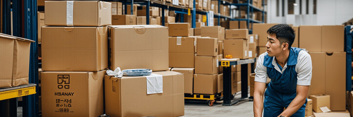 worker in a warehouse with shipping Boxes , worker in a Import Export Trading Business, 
