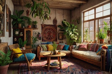 Fototapeta premium Bohemian design interior eclectic furniture vibrant patterns, patterned rug, seating colorful cushions, and hanging plants, vintage decor items, wooden flooring, and large windows