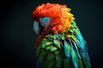 Obraz premium Vibrant and Surreal Portrait of a Captivating Parrot Illuminated by a Single Studio Light,Showcasing the Exotic Bird's Mesmerizing Plumage and Striking Features