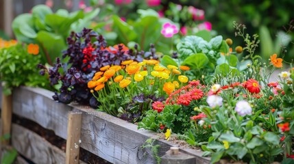 Colorful Flowers and Vegetables in Raised Bed