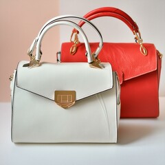 stylish women handbag purse, red and white leather, different colors and style, luxury elegant ladies hand bags isolated