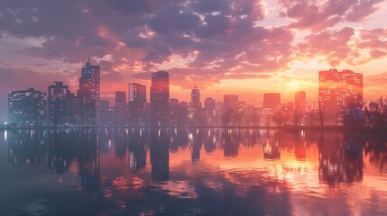 Fototapeta premium Cityscape with Sunrise and Sunset Views, Featuring Architecture, Skyline, and Natural Elements