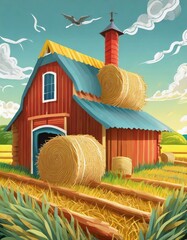 farm with hay bales and hay