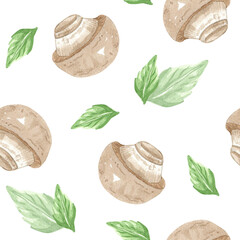 Seamless pattern from mushroom champignon, green basil, herbs. Hand drawn watercolor illustration on white background. Template for design menu, textiles, printing, packaging.