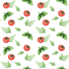Seamless pattern from tomatoes and green basil, herbs. Hand drawn watercolor illustration on white background. Template for design menu, textiles, printing, packaging.