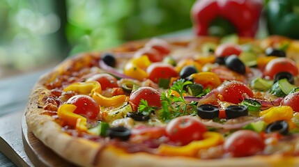 Close-up shot of a delectable plant-based pizza,loaded with a vibrant array of fresh vegetable toppings such as tomatoes,bell peppers,mushrooms,and olives,set against a blurred background.