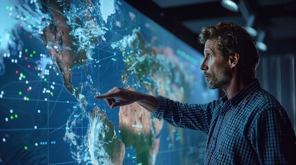 A man points at a large digital screen displaying global data, indicating modern technology and data analysis techniques.

