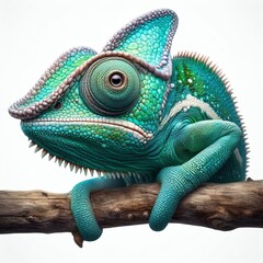 Obraz premium A colorful chameleon, either camouflaged on a branch or standing out on a white background