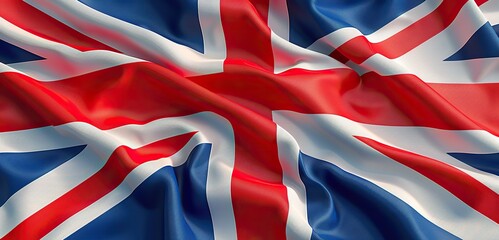 United Kingdom flag billowing majestically in the wind, filling the full page with its iconic colors in a striking 3D illustration.