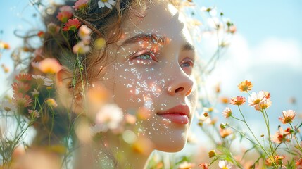 Double exposure photograph featuring a floral portrait superimposed on an image of a young woman enjoying nature in the springtime
