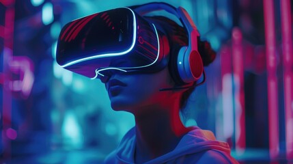 Fototapeta premium Woman experiencing virtual reality with VR headset