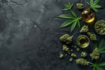 Cannabis Buds Leaves Oil Bottles On Dark Background Medical CBD Concept