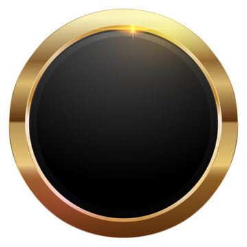 Elegant glossy black button with golden trim and light flare, perfect for premium interface designs, Circle Gold Shield