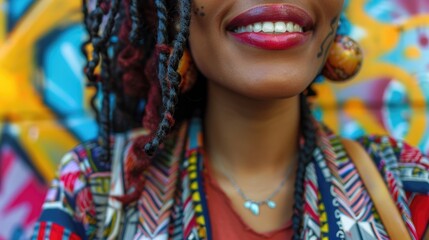 Urban Chic: Stylish Young Adult's Smiling Portrait with Vibrant Graffiti Backdrop