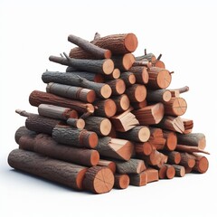 Stack of firewood ready for a cozy winter fire, isolated white background