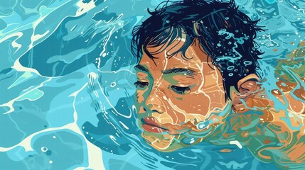 Illustration of a young boy swimming in a 2d style