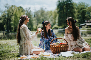 Three young women, likely friends or sisters, enjoy a sunny day together at a park picnic. They are laughing and talking, surrounded by nature.
