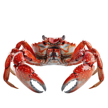 Closeup of a red crab with large pincers against a white background.