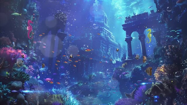 underwater city with bioluminescent coral schools seamless looping overlay 