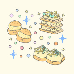 sweet dessert mille feuille choux cream doughnut melon with cute facial expressions and pastel colour