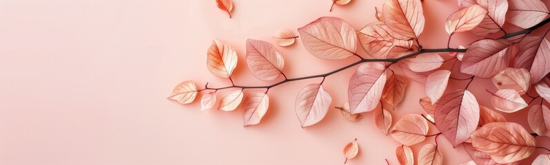 Obraz premium Soft Pastel Leaves on a Peach Background. Delicate arrangement of soft pastel-colored leaves on a peach background with copy space.