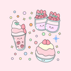 sweet dessert mousse shaved ice cream mango with cute facial expressions and pastel colour