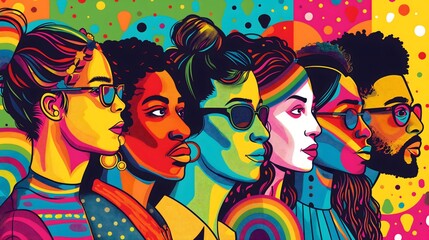 4. Envision a pop art-inspired illustration commemorating Pride Day and the LGBTQ+ community, showcasing a diverse group of people depicted in a playful and expressive style against a vibrant