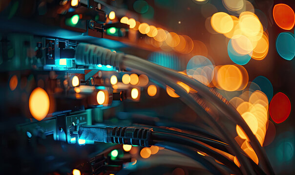 Network server with cables connected in data center flashing lights