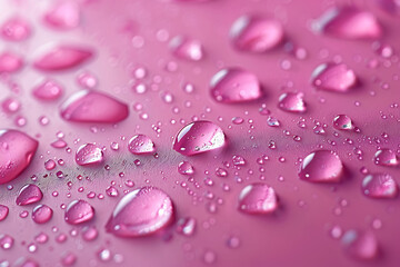 Close-up macro photo of water droplets on a pink surface, showcasing their reflective and translucent properties