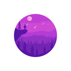 Landscape illustration view of night nature and starry night from mountain top. Minimalistic icon of a beautiful natural landscape scene