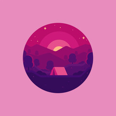 Landscape illustration of sunset scene with tent. Minimalistic icon of a beautiful natural scenery
