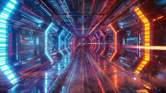 a space station interior corridors glowing with neon light seamless looping overlay 4k virtual video animation background