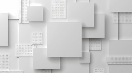 Abstract geometric background with overlapping white 3D squares and rectangles creating a modern, minimalist design.