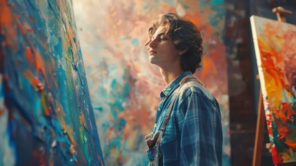Naklejka premium A young artist painting in a studio, vibrant splashes of color