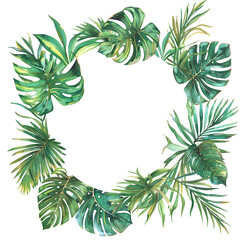 Watercolor round frame of tropical leaves element for summer vibe illustration