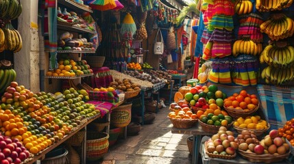 Fototapeta premium Amazing image of Traditional market stalls decorated with fruit, textiles and exotic crafts. A feast of colors and textures. AI generated images